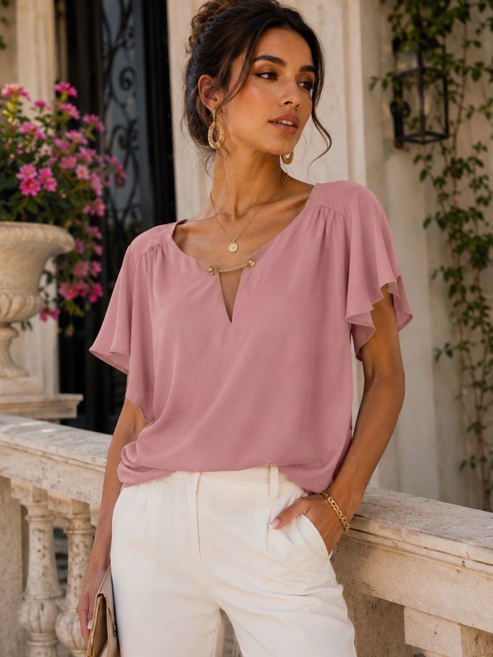 Sara Michelle Dusty Rose Flutter Sleeve Blouse